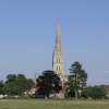 The Cathedral and cathedral close buildings from Harnham meadows, Salisbury, Wiltshire