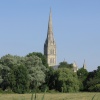 The elegant spire of the Cathedral rising above the trees of Harnham meadows