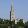 The West front of the cathedral through the trees from Harnham