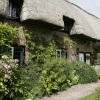 Cottage in village with  flowers and Church