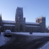 Durham Cathedral in snow.