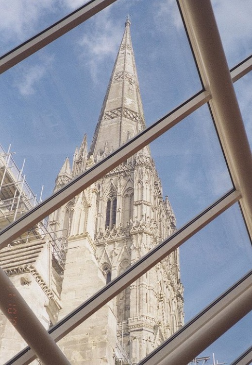 Salisbury Cathedral Spire as viewed up through the roof of the gift shop