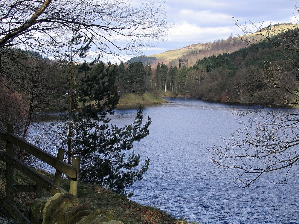 View over northern stretch of Ladybower from Hagg Side, to Derwent Dam tower and Pike Low