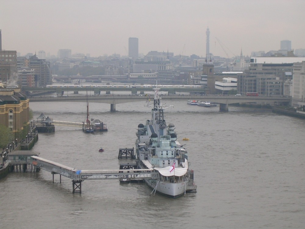 The River Thames w/ London Bridge and HMS Belfast.