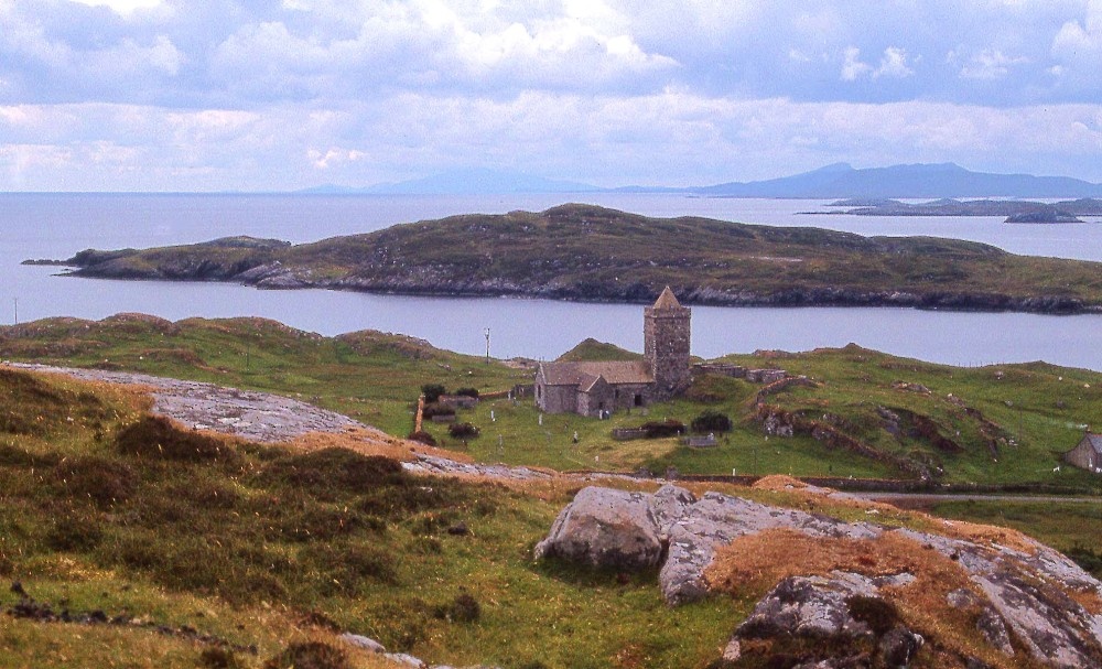 Rodel Church and view south to 'North Uist', South Harris, Scotland