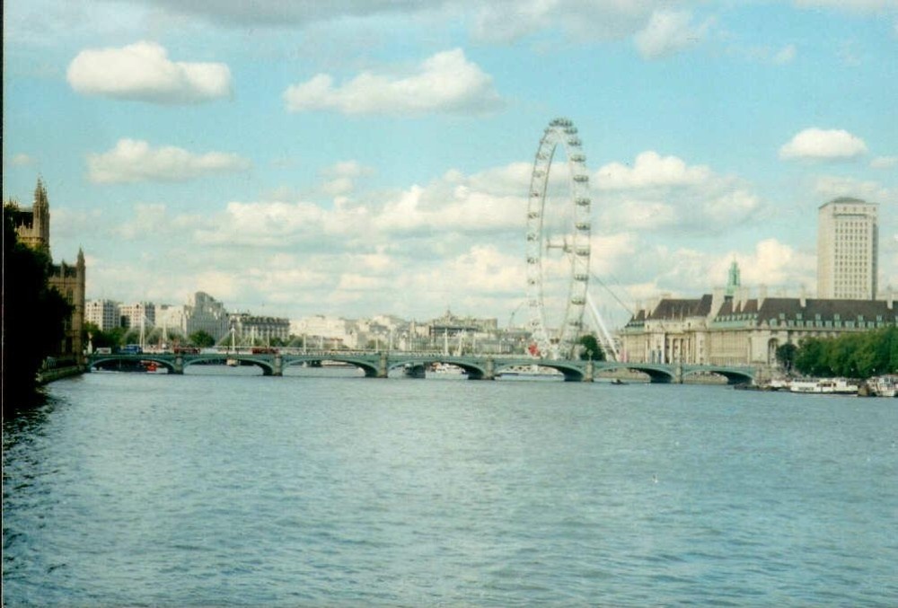 London - Thames, Westminster Bridge and London Eye, view from Lambeth Bridge, Sept 2002
