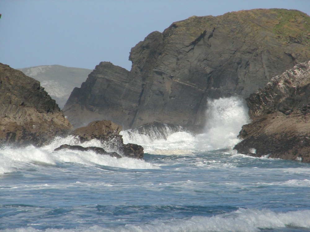 Look on the waves storming coastline near Porthcothan Bay, Cornwall.
