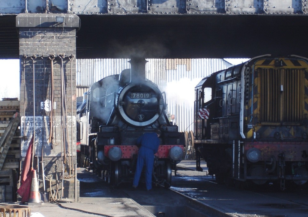 A locomotive being prepared for a run on the Great Central Railway at Loughborough, Leicestershire.