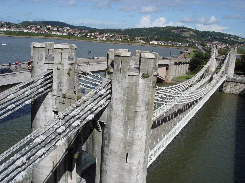 A picture of Conwy Suspension Bridge where road rail and foot meet. Conwy, North Wales.