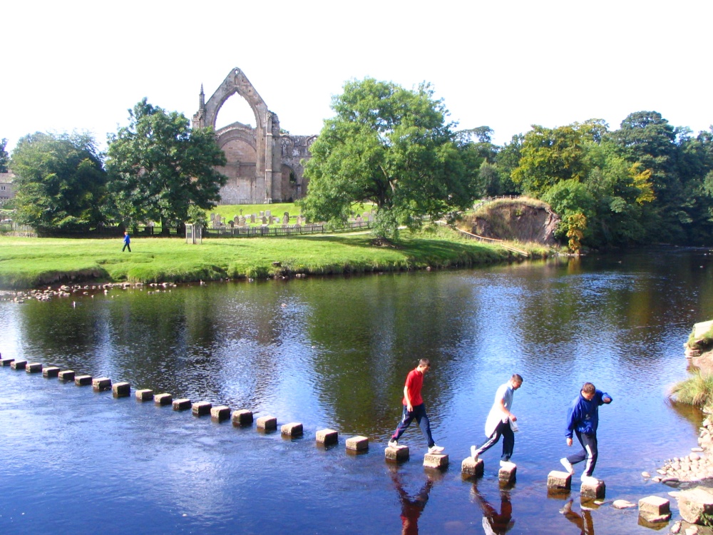 Bolton Abbey, Wharfedale, Yorkshire Dales National Park. Stepping stones across the River Wharfe.