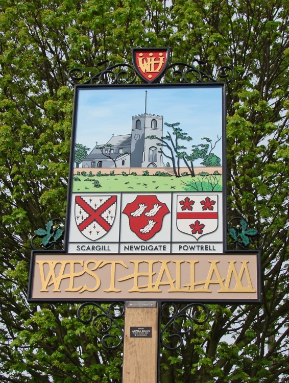 The village sign at Mapperley Crossroads, West Hallam, Derbyshire