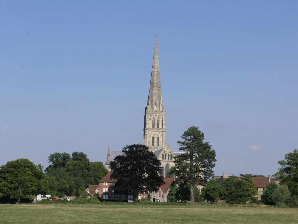 The Cathedral and cathedral close buildings from Harnham meadows, Salisbury, Wiltshire