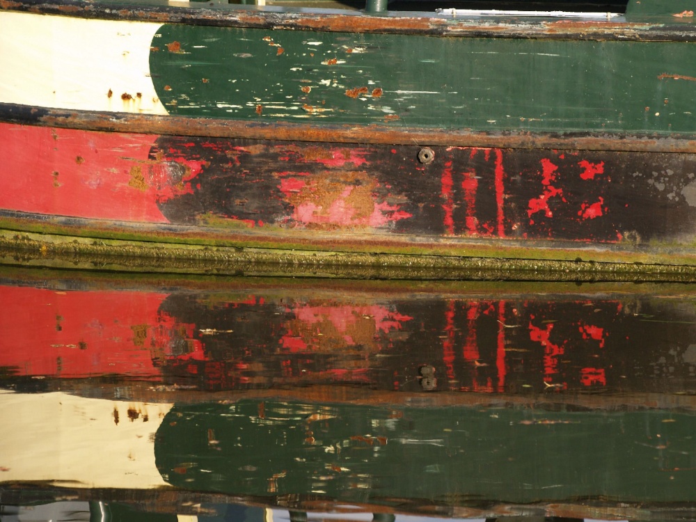 Reflection of narrowboat, Grand Union Canal, near Cheddington, Bucks