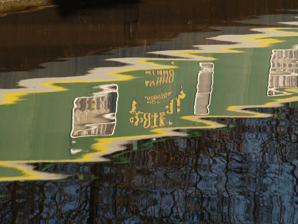 Reflection of narrowboat, Oxford canal, Aynho wharf, Aynho, Northants