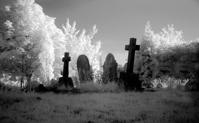 Chalk Church gravestones through an infra red filter