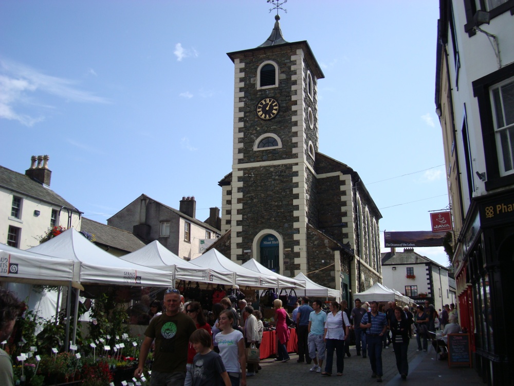 Market day in Keswick, the Moot Hall in the background.
