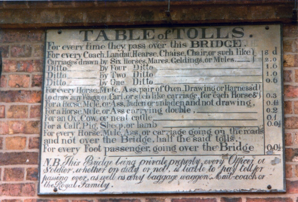 Ironbridge, list of tolls for crossing the bridge