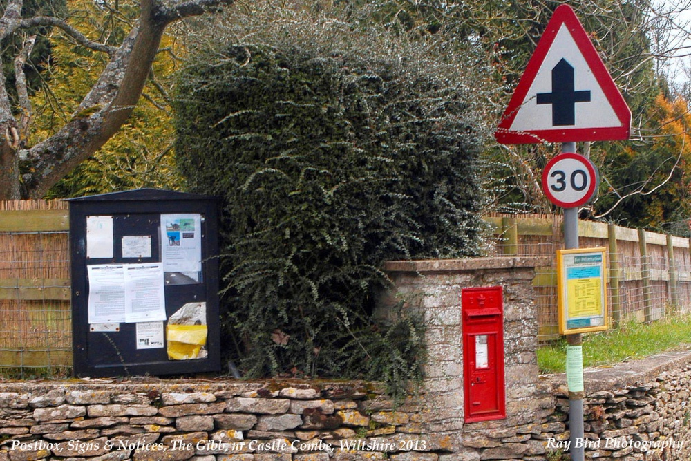Wall Postbox & Notice Boad, The Gibb, nr Castle Combe, Wiltshire 2013