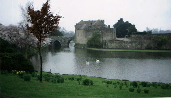 Leeds Castle and swans, view from restaurant, Leeds Castle, Maidstone in Kent