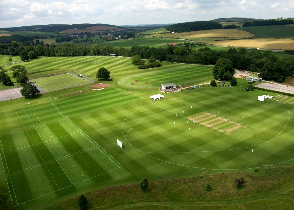 The playing fields of Bryanston School taken from a model helicopter.