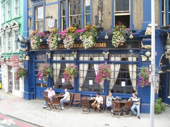 Cheerful, flower-bedecked pub, London