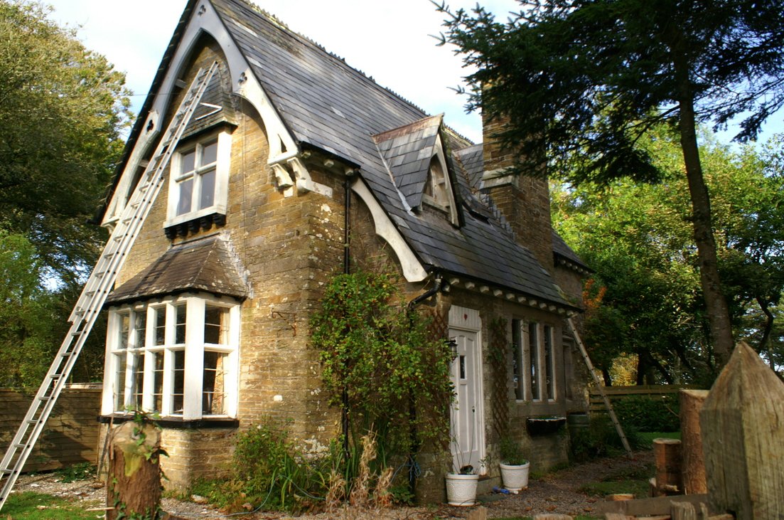 Front view of Trelawne Manor gate house.