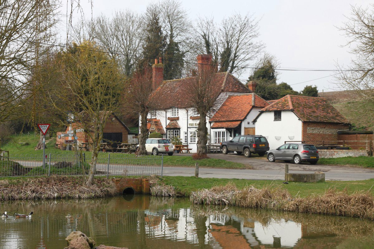 The Harrow pub and the duck pond, West Ilsley