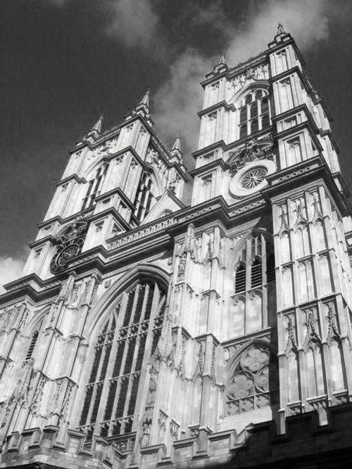 A black and white picture of part of Westminster Abbey