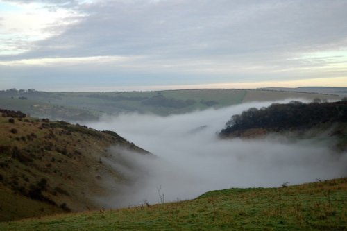 Devils Dyke near Brighton with The Dyke filled with fog, as seen on BBC TV