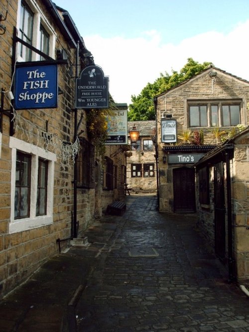 "Fish shop, Tino's and World's End Pub, Pudsey, West Yorkshire" by