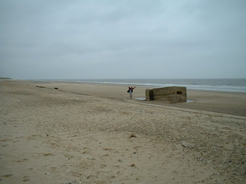 A view of the beach and pill box at Hemsby near Yarmouth, Norfolk