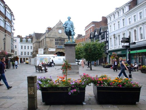 The Square in Shrewsbury with the Old Market hall at the back.