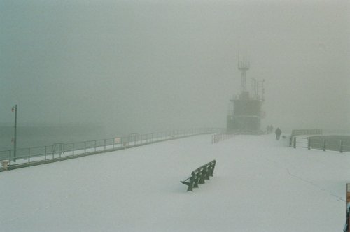 Snowy south pier at Gorleston-on-Sea, Norfolk.