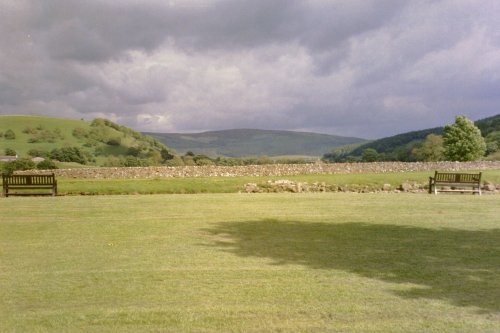 View of hills and river bank from park in Burnsall, North Yorkshire - June, 2005