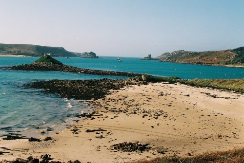 A view of Cromwells castle and New Grimsby channel on Tresco, Isles of Scilly