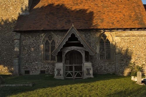 A view of St.Botolph's Church, Beauchamp Roding, the rear door.