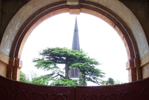 View of the Chapel spire from the former stables, Clumber Country Park, Nottinghamshire