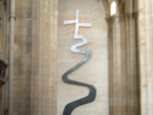 The Path of Life bronze relief inlay sculpture near the entrance to the cathedral.  July 9, 2005.