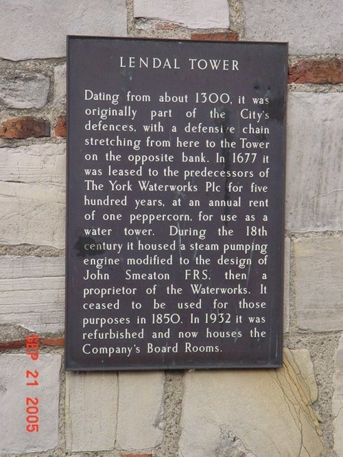 Lendal Tower, York. Lendal Tower Plaque