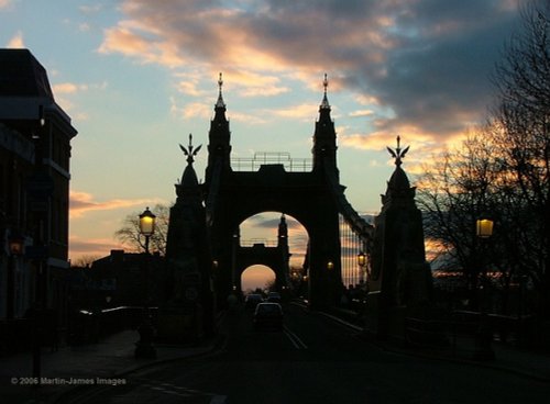 London River Thames Hammersmith Bridge at sunset, New Year's day 2006.