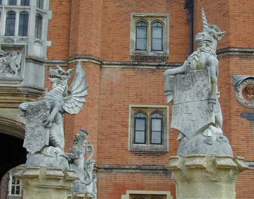 statues in front of Hampton Court Palace