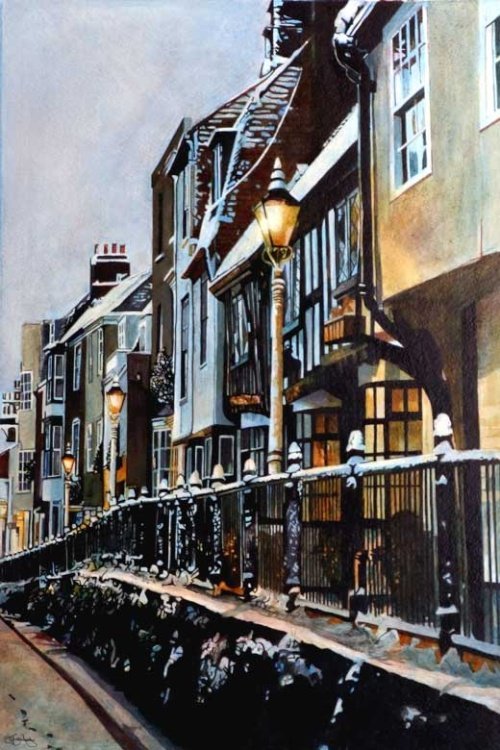Painting of Early morning snow in the High Street of Hastings old town just outside The FILO pub.
