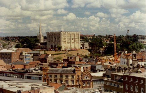 The rooftops of Norwich, Norfolk, showing the Castle and Cathedral.
