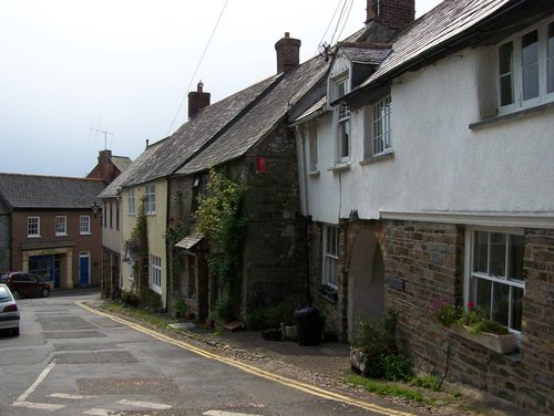 Cottages in Jubilee square, looking down to butcher shop. Stratton, Cornwall