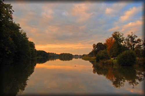 Trentham Gardens lake at sunset, Stoke-on-Trent, Staffordshire
