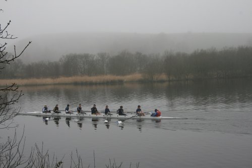 Rowers on a misty morning at Littleborough, Greater Manchester
