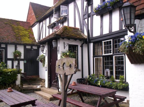 Village Stocks at the White Horse Pub, Shere, Surrey