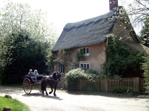 Pony and trap passing thatched cottage at Blickling Hall