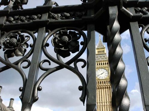 Big Ben through wrought iron at Westminster Abbey