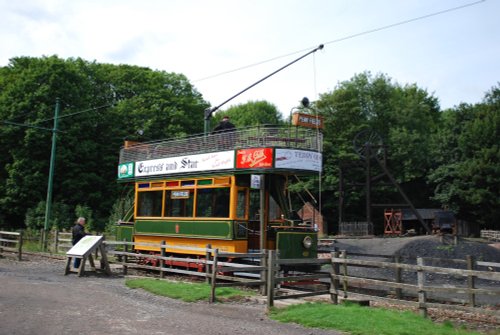 A tram by the old mine at the Black Country Museum